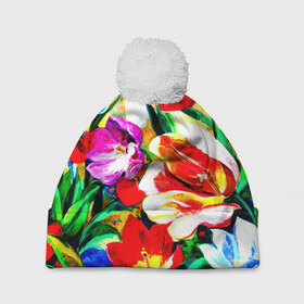 Шапка 3D c помпоном с принтом Тюльпаны в Петрозаводске, 100% полиэстер | универсальный размер, печать по всей поверхности изделия | Тематика изображения на принте: букет | цветы | яркие