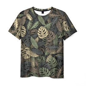Мужская футболка 3D с принтом Тропический камуфляж в Петрозаводске, 100% полиэфир | прямой крой, круглый вырез горловины, длина до линии бедер | джунгли | камуфляж | листья | милитари | монстера | пальма | природа