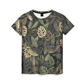 Женская футболка 3D с принтом Тропический камуфляж в Петрозаводске, 100% полиэфир ( синтетическое хлопкоподобное полотно) | прямой крой, круглый вырез горловины, длина до линии бедер | джунгли | камуфляж | листья | милитари | монстера | пальма | природа
