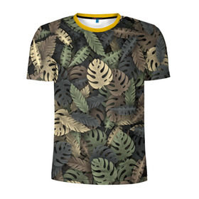 Мужская футболка 3D спортивная с принтом Тропический камуфляж в Петрозаводске, 100% полиэстер с улучшенными характеристиками | приталенный силуэт, круглая горловина, широкие плечи, сужается к линии бедра | Тематика изображения на принте: джунгли | камуфляж | листья | милитари | монстера | пальма | природа