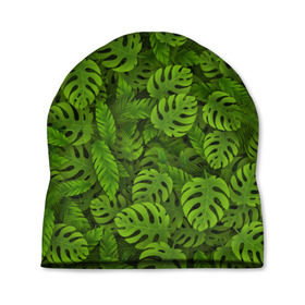 Шапка 3D с принтом Тропические листья в Петрозаводске, 100% полиэстер | универсальный размер, печать по всей поверхности изделия | джунгли | монстера | пальма | растения | тропики