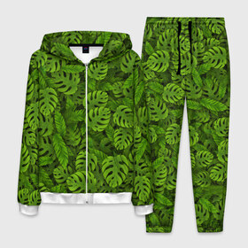 Мужской костюм 3D с принтом Тропические листья в Петрозаводске, 100% полиэстер | Манжеты и пояс оформлены тканевой резинкой, двухслойный капюшон со шнурком для регулировки, карманы спереди | джунгли | монстера | пальма | растения | тропики