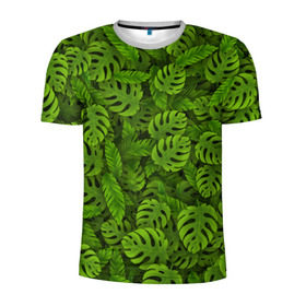 Мужская футболка 3D спортивная с принтом Тропические листья в Петрозаводске, 100% полиэстер с улучшенными характеристиками | приталенный силуэт, круглая горловина, широкие плечи, сужается к линии бедра | джунгли | монстера | пальма | растения | тропики