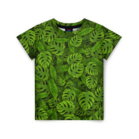 Детская футболка 3D с принтом Тропические листья в Петрозаводске, 100% гипоаллергенный полиэфир | прямой крой, круглый вырез горловины, длина до линии бедер, чуть спущенное плечо, ткань немного тянется | Тематика изображения на принте: джунгли | монстера | пальма | растения | тропики