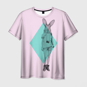 Мужская футболка 3D с принтом Pink Rabbit в Петрозаводске, 100% полиэфир | прямой крой, круглый вырез горловины, длина до линии бедер | hipster | rabbit | swag | кролик | хипстер