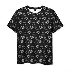 Мужская футболка 3D с принтом Сердца и Алмазы в Петрозаводске, 100% полиэфир | прямой крой, круглый вырез горловины, длина до линии бедер | бриллианты | паттерн | сердечки | черный фон