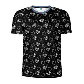 Мужская футболка 3D спортивная с принтом Сердца и Алмазы в Петрозаводске, 100% полиэстер с улучшенными характеристиками | приталенный силуэт, круглая горловина, широкие плечи, сужается к линии бедра | бриллианты | паттерн | сердечки | черный фон