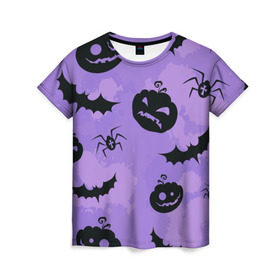 Женская футболка 3D с принтом Хэллоуин узор в Петрозаводске, 100% полиэфир ( синтетическое хлопкоподобное полотно) | прямой крой, круглый вырез горловины, длина до линии бедер | halloween | летучая мышь | паук | праздник | привидение | тыква | хэллоуин