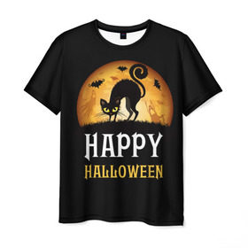 Мужская футболка 3D с принтом Чёрный кот в Петрозаводске, 100% полиэфир | прямой крой, круглый вырез горловины, длина до линии бедер | Тематика изображения на принте: halloween | ведьма | кошка | праздник | привидение | тыква | хэллоуин