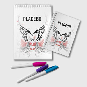 Блокнот с принтом Placebo в Петрозаводске, 100% бумага | 48 листов, плотность листов — 60 г/м2, плотность картонной обложки — 250 г/м2. Листы скреплены удобной пружинной спиралью. Цвет линий — светло-серый
 | Тематика изображения на принте: lacebo |  брайан молко | альтернатива. | пласибо | плацебо | плэйсебо | плэсибо | рок