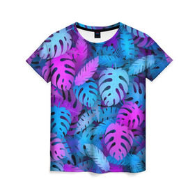 Женская футболка 3D с принтом Сине-розовые тропики в Петрозаводске, 100% полиэфир ( синтетическое хлопкоподобное полотно) | прямой крой, круглый вырез горловины, длина до линии бедер | джунгли | листья | монстера | пальма | психоделический | текстура | тропики