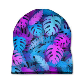 Шапка 3D с принтом Сине-розовые тропики в Петрозаводске, 100% полиэстер | универсальный размер, печать по всей поверхности изделия | джунгли | листья | монстера | пальма | психоделический | текстура | тропики