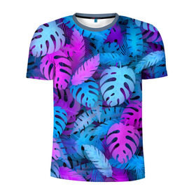 Мужская футболка 3D спортивная с принтом Сине-розовые тропики в Петрозаводске, 100% полиэстер с улучшенными характеристиками | приталенный силуэт, круглая горловина, широкие плечи, сужается к линии бедра | джунгли | листья | монстера | пальма | психоделический | текстура | тропики