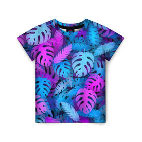 Детская футболка 3D с принтом Сине-розовые тропики в Петрозаводске, 100% гипоаллергенный полиэфир | прямой крой, круглый вырез горловины, длина до линии бедер, чуть спущенное плечо, ткань немного тянется | джунгли | листья | монстера | пальма | психоделический | текстура | тропики