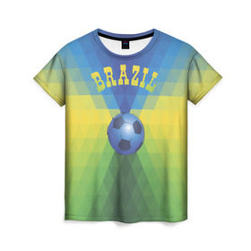 Женская футболка 3D с принтом Бразилия в Петрозаводске, 100% полиэфир ( синтетическое хлопкоподобное полотно) | прямой крой, круглый вырез горловины, длина до линии бедер | бразилия | геометрия | игра | кубок | мяч | полигональный | спорт | футбол