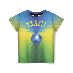 Детская футболка 3D с принтом Бразилия в Петрозаводске, 100% гипоаллергенный полиэфир | прямой крой, круглый вырез горловины, длина до линии бедер, чуть спущенное плечо, ткань немного тянется | бразилия | геометрия | игра | кубок | мяч | полигональный | спорт | футбол