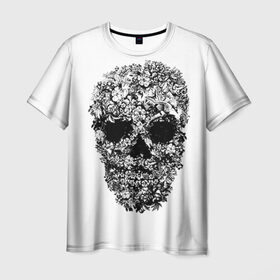 Мужская футболка 3D с принтом Череп в Петрозаводске, 100% полиэфир | прямой крой, круглый вырез горловины, длина до линии бедер | Тематика изображения на принте: скелет. скилет | ужас | хеллоуин | череп. кости | черепушка | черно белый