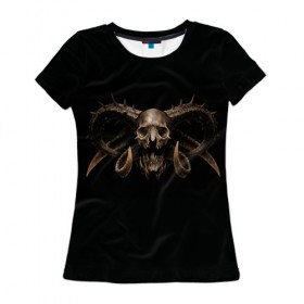 Женская футболка 3D с принтом Череп в Петрозаводске, 100% полиэфир ( синтетическое хлопкоподобное полотно) | прямой крой, круглый вырез горловины, длина до линии бедер | скелет. скилет | ужас | хеллоуин | череп. кости | черепушка | черно белый