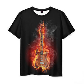 Мужская футболка 3D с принтом Адская гитара в Петрозаводске, 100% полиэфир | прямой крой, круглый вырез горловины, длина до линии бедер | ад | арт | дым | музыка | новинки | огонь | пламя | популярные | энергия | яркие