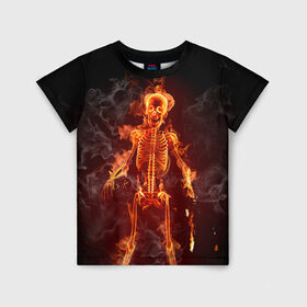 Детская футболка 3D с принтом Пылающий скелет в Петрозаводске, 100% гипоаллергенный полиэфир | прямой крой, круглый вырез горловины, длина до линии бедер, чуть спущенное плечо, ткань немного тянется | Тематика изображения на принте: огонь | пламя