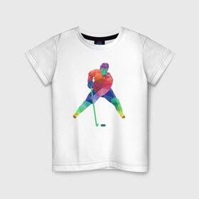 Детская футболка хлопок с принтом Хоккеист в Петрозаводске, 100% хлопок | круглый вырез горловины, полуприлегающий силуэт, длина до линии бедер | геометрия | клюшка | полигонал | хл | хоккеист | шайба