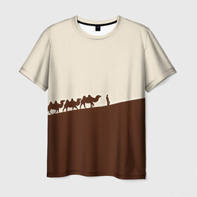 Мужская футболка 3D с принтом Пустыня в Петрозаводске, 100% полиэфир | прямой крой, круглый вырез горловины, длина до линии бедер | верблюды | коричневый