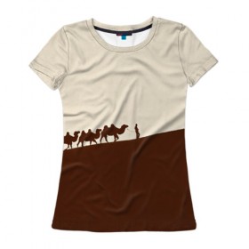 Женская футболка 3D с принтом Пустыня в Петрозаводске, 100% полиэфир ( синтетическое хлопкоподобное полотно) | прямой крой, круглый вырез горловины, длина до линии бедер | верблюды | коричневый