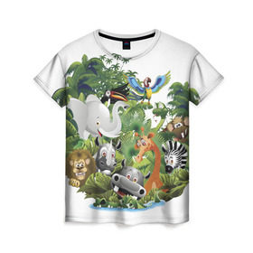 Женская футболка 3D с принтом Веселые джунгли в Петрозаводске, 100% полиэфир ( синтетическое хлопкоподобное полотно) | прямой крой, круглый вырез горловины, длина до линии бедер | животные | зоо | новинки | пальма | парк | яркие
