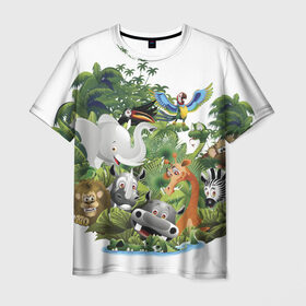 Мужская футболка 3D с принтом Веселые джунгли в Петрозаводске, 100% полиэфир | прямой крой, круглый вырез горловины, длина до линии бедер | животные | зоо | новинки | пальма | парк | яркие