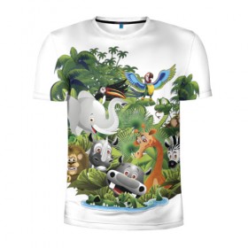 Мужская футболка 3D спортивная с принтом Веселые джунгли в Петрозаводске, 100% полиэстер с улучшенными характеристиками | приталенный силуэт, круглая горловина, широкие плечи, сужается к линии бедра | животные | зоо | новинки | пальма | парк | яркие