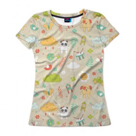 Женская футболка 3D с принтом Детский узор в Петрозаводске, 100% полиэфир ( синтетическое хлопкоподобное полотно) | прямой крой, круглый вырез горловины, длина до линии бедер | бабочка | панда | паттерн | светлый | щенок