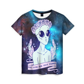 Женская футболка 3D с принтом cute alien в Петрозаводске, 100% полиэфир ( синтетическое хлопкоподобное полотно) | прямой крой, круглый вырез горловины, длина до линии бедер | alien. нло | cosmos | cute | sky | tmblr | tumbler | инопланетянин | космос | мило