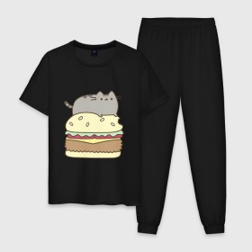Мужская пижама хлопок с принтом Котик с бургером в Петрозаводске, 100% хлопок | брюки и футболка прямого кроя, без карманов, на брюках мягкая резинка на поясе и по низу штанин
 | Тематика изображения на принте: бургер | еда | животные | кот