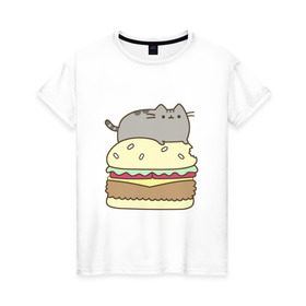 Женская футболка хлопок с принтом Котик с бургером в Петрозаводске, 100% хлопок | прямой крой, круглый вырез горловины, длина до линии бедер, слегка спущенное плечо | бургер | еда | животные | кот