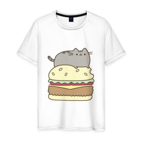 Мужская футболка хлопок с принтом Котик с бургером в Петрозаводске, 100% хлопок | прямой крой, круглый вырез горловины, длина до линии бедер, слегка спущенное плечо. | Тематика изображения на принте: бургер | еда | животные | кот