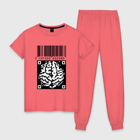 Женская пижама хлопок с принтом QR brain code в Петрозаводске, 100% хлопок | брюки и футболка прямого кроя, без карманов, на брюках мягкая резинка на поясе и по низу штанин | code | qr | математика | пи | штрихкод