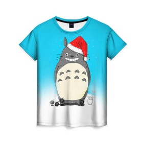Женская футболка 3D с принтом Тоторо под снегом в Петрозаводске, 100% полиэфир ( синтетическое хлопкоподобное полотно) | прямой крой, круглый вырез горловины, длина до линии бедер | totoro | аниме | новогодние аниме | новый год | рождественские аниме | тоторо