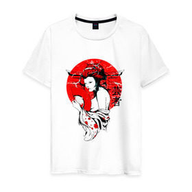 Мужская футболка хлопок с принтом Гейша в Петрозаводске, 100% хлопок | прямой крой, круглый вырез горловины, длина до линии бедер, слегка спущенное плечо. | 3d | народные | прикольные | сакура | цветы | этнические | япония