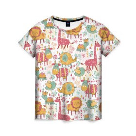 Женская футболка 3D с принтом Детские рисунки в Петрозаводске, 100% полиэфир ( синтетическое хлопкоподобное полотно) | прямой крой, круглый вырез горловины, длина до линии бедер | дети | животные | жираф | лев | птица | рисунок | слон | фауна | черепаха