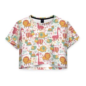 Женская футболка 3D укороченная с принтом Детские рисунки в Петрозаводске, 100% полиэстер | круглая горловина, длина футболки до линии талии, рукава с отворотами | дети | животные | жираф | лев | птица | рисунок | слон | фауна | черепаха