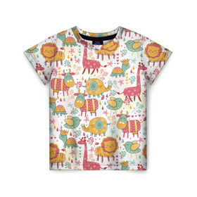 Детская футболка 3D с принтом Детские рисунки в Петрозаводске, 100% гипоаллергенный полиэфир | прямой крой, круглый вырез горловины, длина до линии бедер, чуть спущенное плечо, ткань немного тянется | дети | животные | жираф | лев | птица | рисунок | слон | фауна | черепаха
