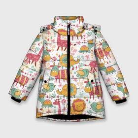 Зимняя куртка для девочек 3D с принтом Детские рисунки в Петрозаводске, ткань верха — 100% полиэстер; подклад — 100% полиэстер, утеплитель — 100% полиэстер. | длина ниже бедра, удлиненная спинка, воротник стойка и отстегивающийся капюшон. Есть боковые карманы с листочкой на кнопках, утяжки по низу изделия и внутренний карман на молнии. 

Предусмотрены светоотражающий принт на спинке, радужный светоотражающий элемент на пуллере молнии и на резинке для утяжки. | дети | животные | жираф | лев | птица | рисунок | слон | фауна | черепаха