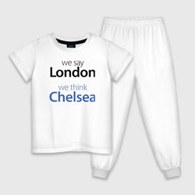 Детская пижама хлопок с принтом We say London we thihk Chelsea в Петрозаводске, 100% хлопок |  брюки и футболка прямого кроя, без карманов, на брюках мягкая резинка на поясе и по низу штанин
 | Тематика изображения на принте: челси