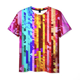 Мужская футболка 3D с принтом Пиксилизация в Петрозаводске, 100% полиэфир | прямой крой, круглый вырез горловины, длина до линии бедер | Тематика изображения на принте: полосы | разноцветный | яркий