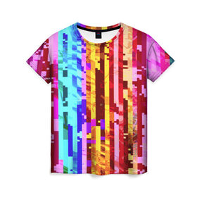 Женская футболка 3D с принтом Пиксилизация в Петрозаводске, 100% полиэфир ( синтетическое хлопкоподобное полотно) | прямой крой, круглый вырез горловины, длина до линии бедер | Тематика изображения на принте: полосы | разноцветный | яркий