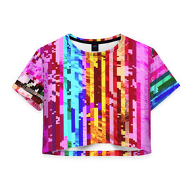 Женская футболка 3D укороченная с принтом Пиксилизация в Петрозаводске, 100% полиэстер | круглая горловина, длина футболки до линии талии, рукава с отворотами | Тематика изображения на принте: полосы | разноцветный | яркий