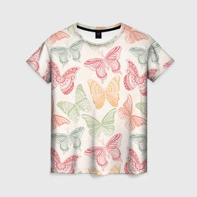 Женская футболка 3D с принтом Узор из бабочек в Петрозаводске, 100% полиэфир ( синтетическое хлопкоподобное полотно) | прямой крой, круглый вырез горловины, длина до линии бедер | акварель | бабочка | весна | мозаика | насекомые | рисунок | трайбл | узор | этно