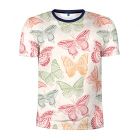 Мужская футболка 3D спортивная с принтом Узор из бабочек в Петрозаводске, 100% полиэстер с улучшенными характеристиками | приталенный силуэт, круглая горловина, широкие плечи, сужается к линии бедра | акварель | бабочка | весна | мозаика | насекомые | рисунок | трайбл | узор | этно