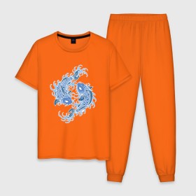 Мужская пижама хлопок с принтом Японские карпы Кои в Петрозаводске, 100% хлопок | брюки и футболка прямого кроя, без карманов, на брюках мягкая резинка на поясе и по низу штанин
 | вода | зодиак | карп | кои | рыба | япония