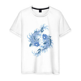 Мужская футболка хлопок с принтом Японские карпы Кои в Петрозаводске, 100% хлопок | прямой крой, круглый вырез горловины, длина до линии бедер, слегка спущенное плечо. | вода | зодиак | карп | кои | рыба | япония